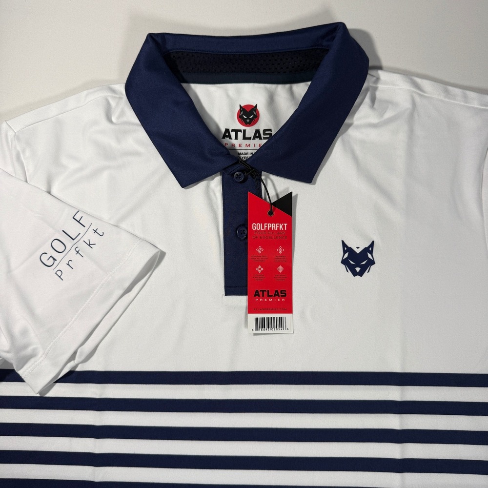 Atlas Premier Golfperfkt Mens Performance Polo Shirt White Navy Striped Large